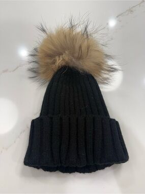 Chloe K Black Knit Kids Beanie with Removable Faux Fur Pom Pom Winter